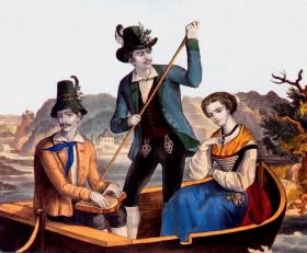 Książę Bawarii Maksymilian steruje łodzią podczas przejażdżki z córką Elżbietą i jej narzeczonym Franciszkiem Józefem, sielski obrazek z epoki.