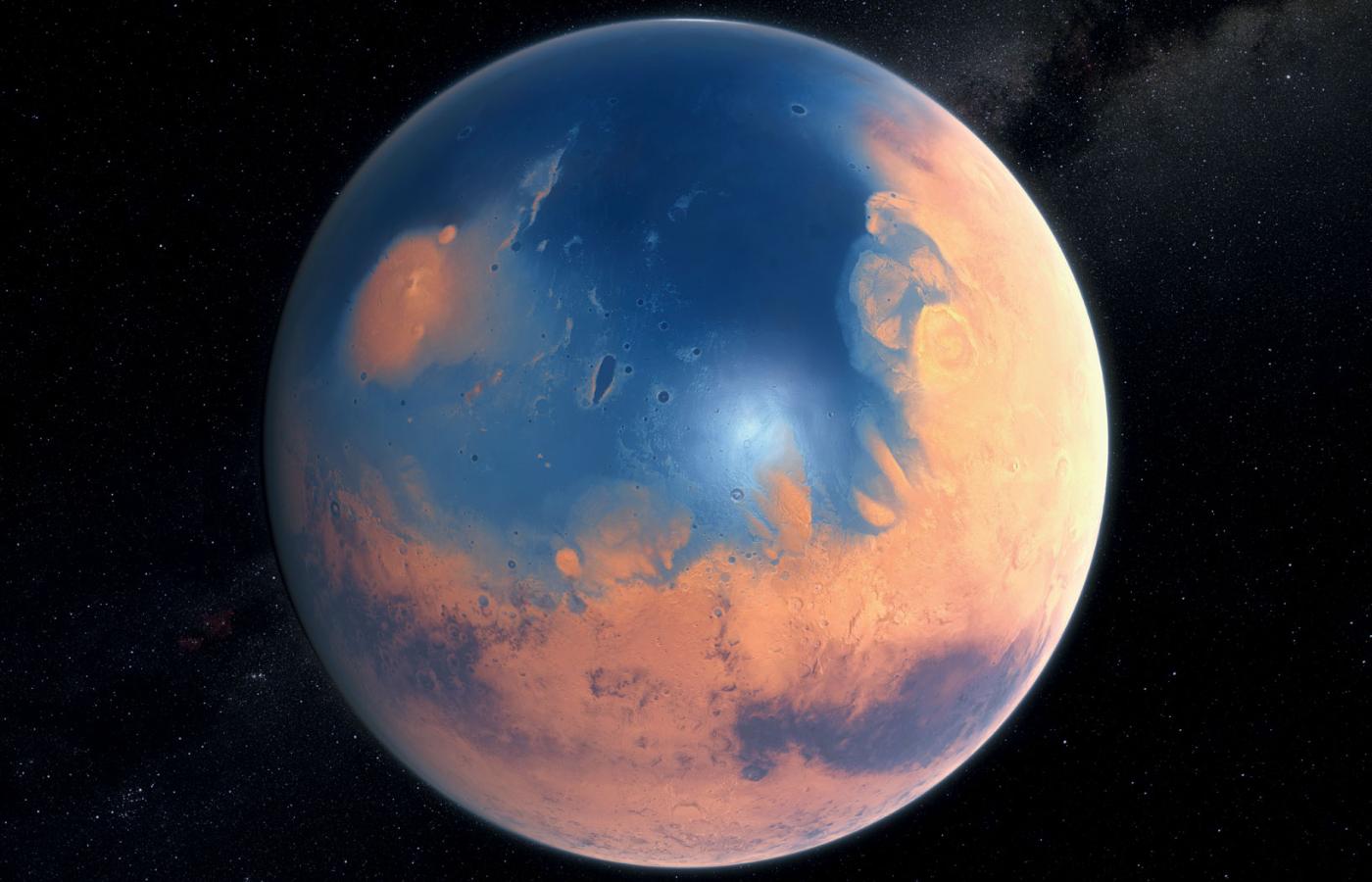 Artystyczna wizja prehistorycznego, pokrytego oceanami Marsa.