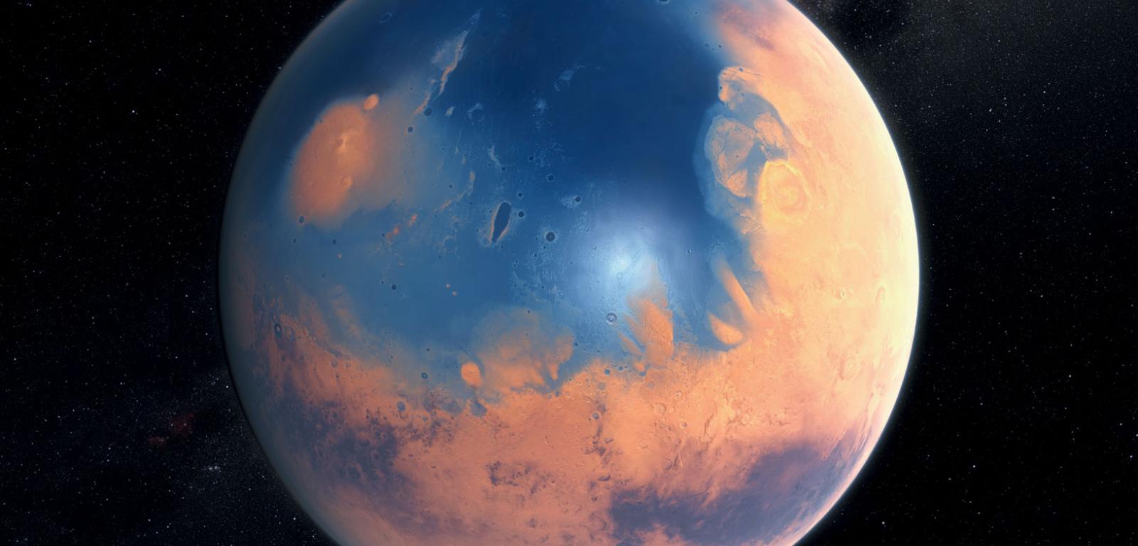 Artystyczna wizja prehistorycznego, pokrytego oceanami Marsa.