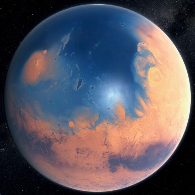 Artystyczna wizja prehistorycznego, pokrytego oceanami Marsa.
