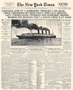 Strona tytułowa dziennika „New York Times” z informacją o zatopieniu liniowca pasażerkiego „Lusitania” 7 maja 1915 r.