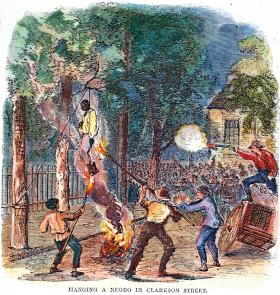 Uliczny lincz w Nowym Jorku w 1863 r.; grafika z epoki.