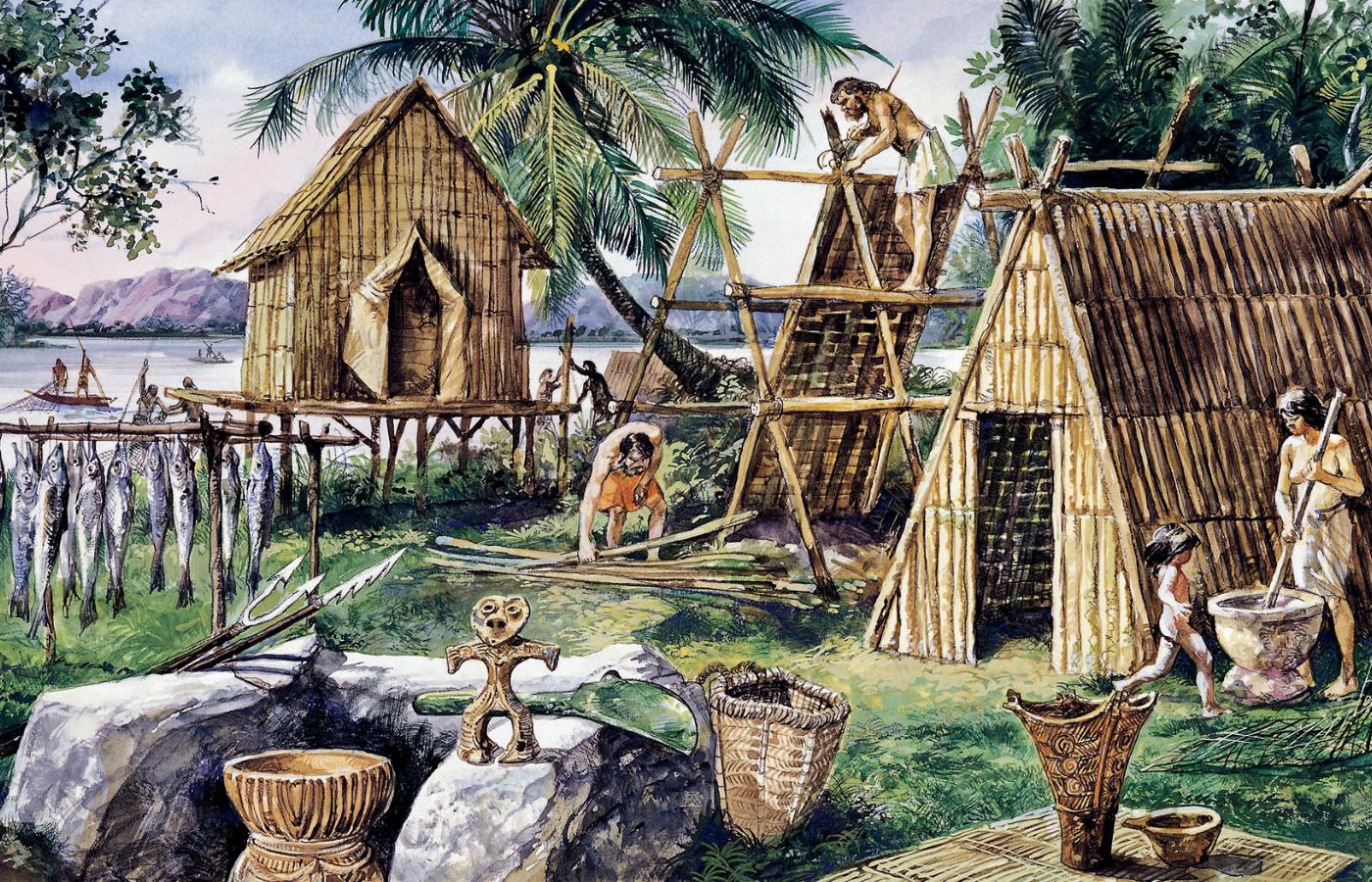 Rekonstrukcja osady z okresu Jōmon (do III w. p.n.e.); ilustracja z ok. 1900 r.