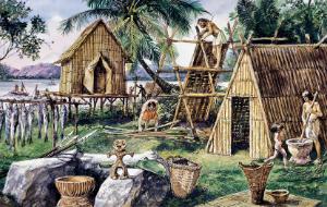 Rekonstrukcja osady z okresu Jōmon (do III w. p.n.e.); ilustracja z ok. 1900 r.