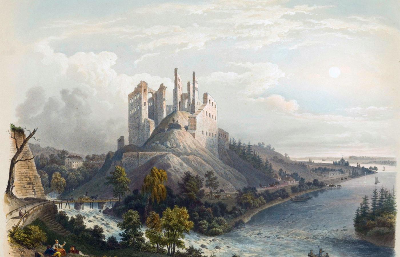 Ruiny zamku arcybiskupów ryskich, zbudowanego w Koknese nad Dźwiną, na schrystianizowanych ziemiach Łatgalów; obraz z XIX w.