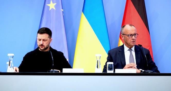 Prezydent Ukrainy Wołodymyr Zełenski i kanclerz Niemiec Friedrich Merz, Berlin, 13 sierpnia 2025 r.