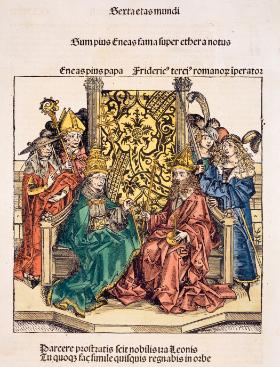 Spotkanie Piusa II (papież w latach 1458–1464) z Fryderykiem III (imperator rzymski, jak głosi napis, czyli cesarz niemiecki w latach 1452–1493). Pierwszy odrzucił teorię koncyliaryzmu, że najwyższa władza przysługuje soborowi powszechnemu niezależnie od papieża. Drugi zapoczątkował politykę dynastyczną Habsbur­gów. Drzeworyt z „Kroniki świata” Hartmanna Schedla, Norymberga, 1493 r.
