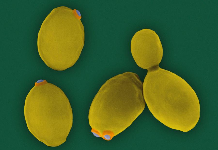 Drożdże Saccharomyces cerevisiae na fotografii wykonanej przez mikroskop skaningowy. Z jednego z nich wypączkowuje kolejny organizm. Pozostałe mają na końcach blizny po pączkowaniu.