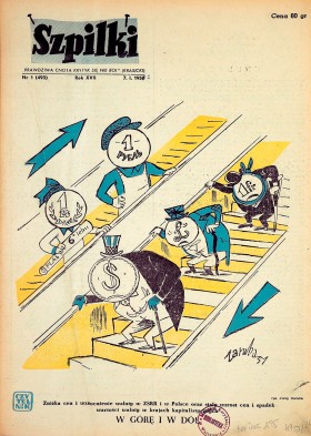 Satyra na kapitalistycznę walutę – okładka „Szpilek” z 7 stycznia 1950 r.