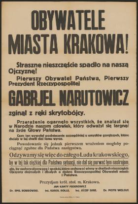 16 grudnia 1922. Urzędowa odezwa do mieszkańców Krakowa w związku z zabójstwem prezydenta Gabriela Narutowicza.