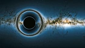 Samotna czarna dziura na tle Drogi Mlecznej (symulacja komputerowa).