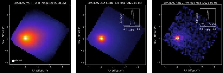Kometa 3I/Atlas widziana okiem JWST. Po lewej rozproszone światło z warkocza, w środku emisja CO2, po prawej emisja H2O.