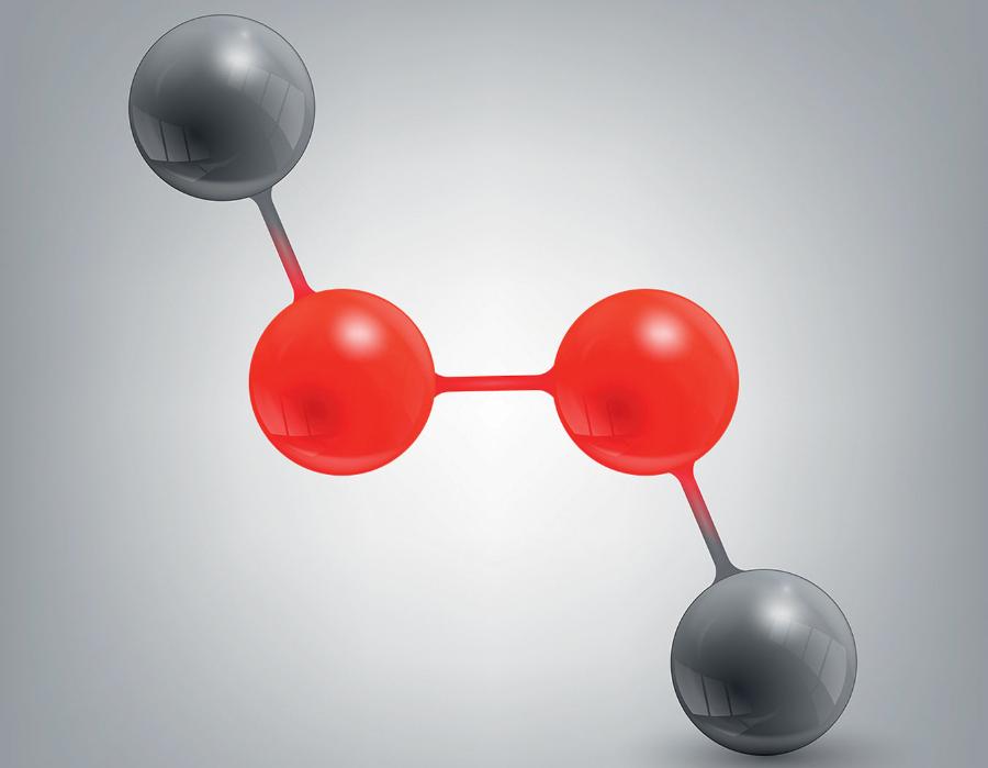 Nadtlenek wodoru zbudowany jest z dwóch atomów tlenu (czerwony) i dwóch atomów wodoru (szary).