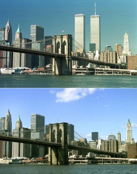 Manhattan z wieżami budynków World Trade Center i bez.