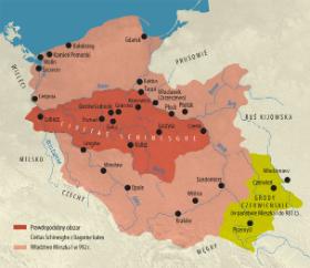 Często pokazywana mapa władztwa Mieszka I wynikająca z typowej interpretacji tekstu źródłowego Dagome iudex.