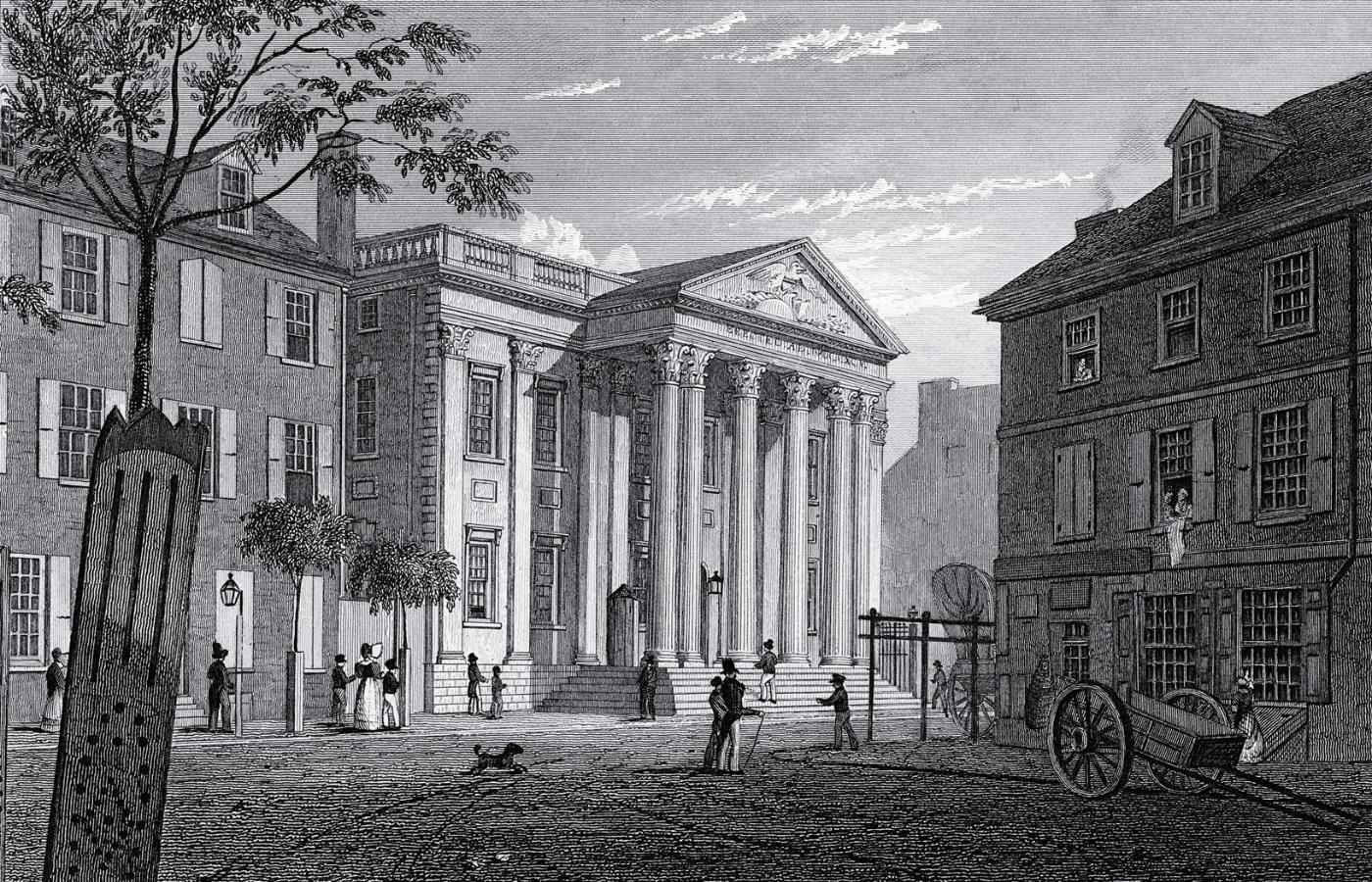 Siedziba First Bank of United States, Filadelfia; grafika z epoki.