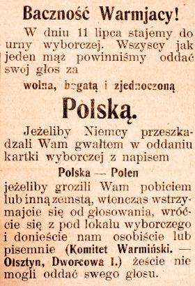 Polska ulotka z czasów plebiscytowych.