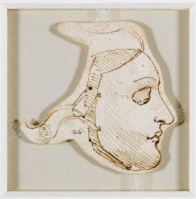 Leonardo da Vinci, Maska, prawdopodobnie część kostiumu do przedstawienia „Danae”, tusz na papierze, 1496 r., Royal Library, Windsor Castle.