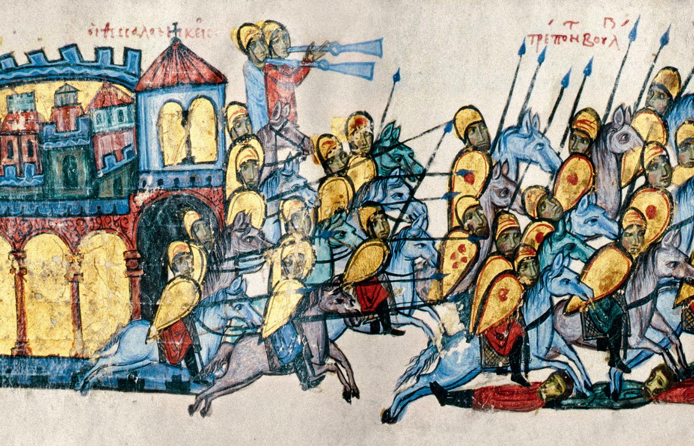 Obrona Tesaloniki przed Bułgarami; miniatura z XI w.
