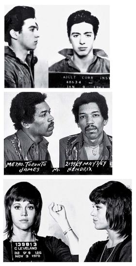 Policyjne zdjęcia gwiazd z przełomu lat 60. i 70. Od góry: Al Pacino, Jimi Hendrix, Jane Fonda.
