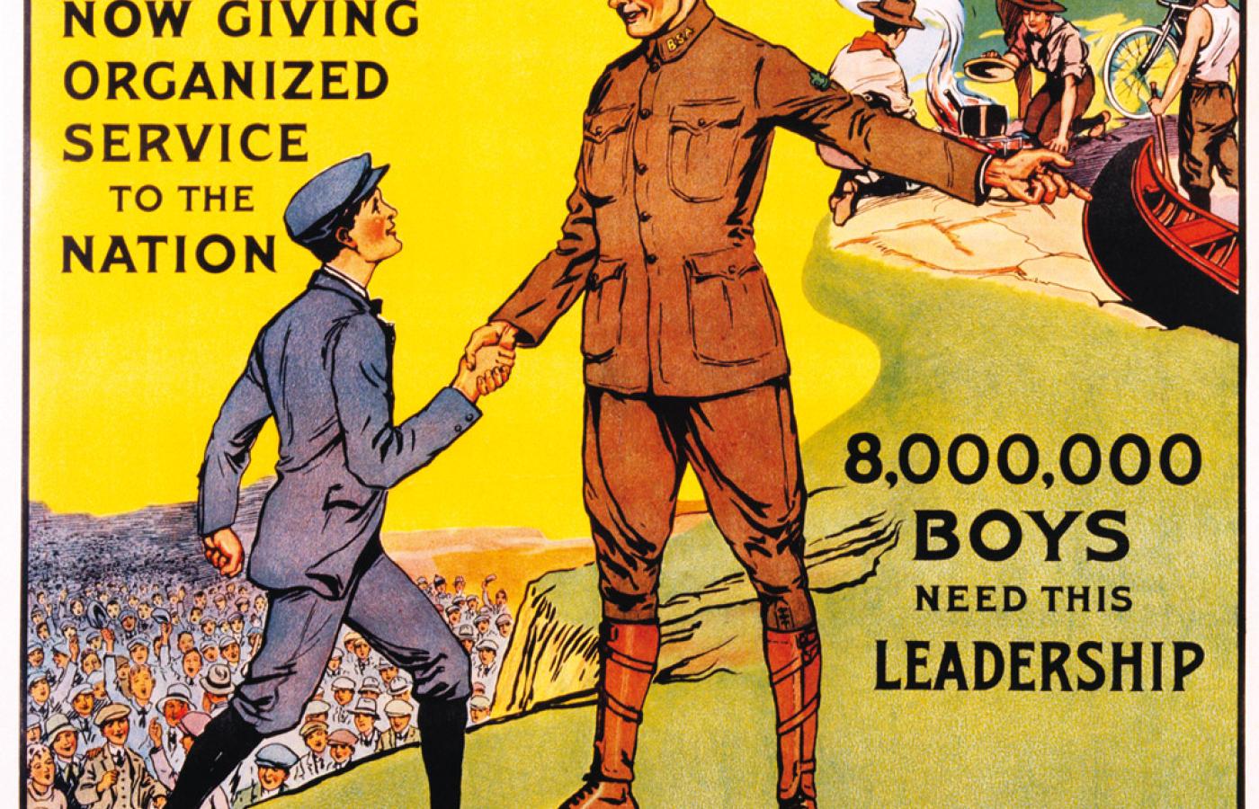 „Wuj Sam potrzebuje drużynowych” - amerykański plakat z ok. 1917-1918 r. zachęcający mężczyzn niezdolnych do służby wojskowej do pracy ze skautami.