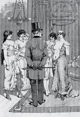 Londyński dom publiczny, grafika z 1884 r.