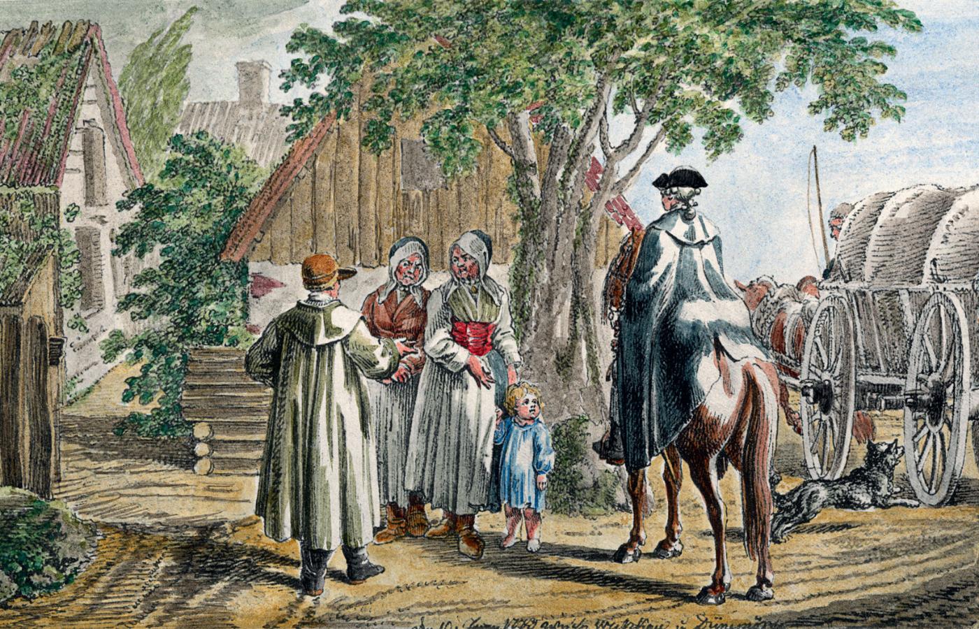 Podróżny w drodze z Berlina do Gdańska, między dzisiejszymi wsiami Ośkowo a Donimierz na Kaszubach, kolorowany rysunek Daniela Chodowieckiego z 1773 r.
