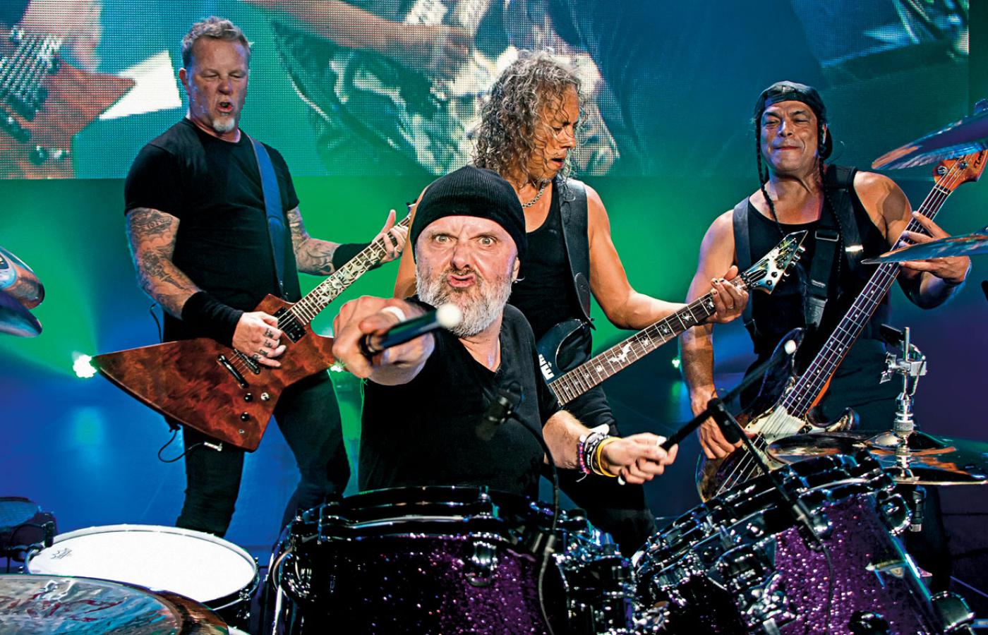 Metallica AD 2016: na pierwszym planie Lars Ulrich, z tyłu (od lewej): James Hetfield, Kirk Hammett i basista Robert Trujillo
