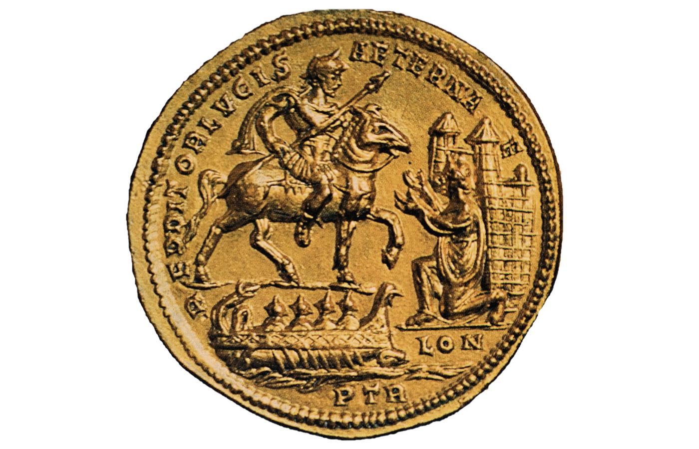 Złoty medal wybity dla uczczenia odzyskania przez Konstancjusza Chlorusa Brytanii.