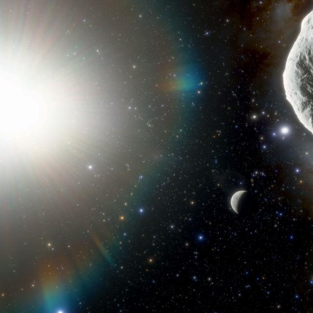Artystyczne wyobrażenie podróżującej wokół Słońca planetoidy 2021 PH27. W tle widoczny Merkury.