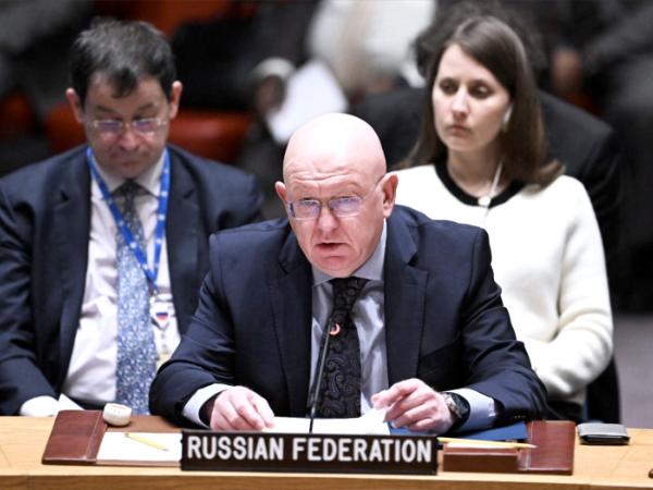 Ambasador Rosji przy ONZ Wasilij Nebenzia podczas posiedzenia Rady Bezpieczeństwa, 14 kwietnia 2024 r.