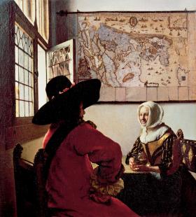 W bogatych domach holenderskich w XVII w. popularne były mapy ścienne. Johannes Vermeer, „Żołnierz i śmiejąca się dziewczyna”, ok. 1657 r.
