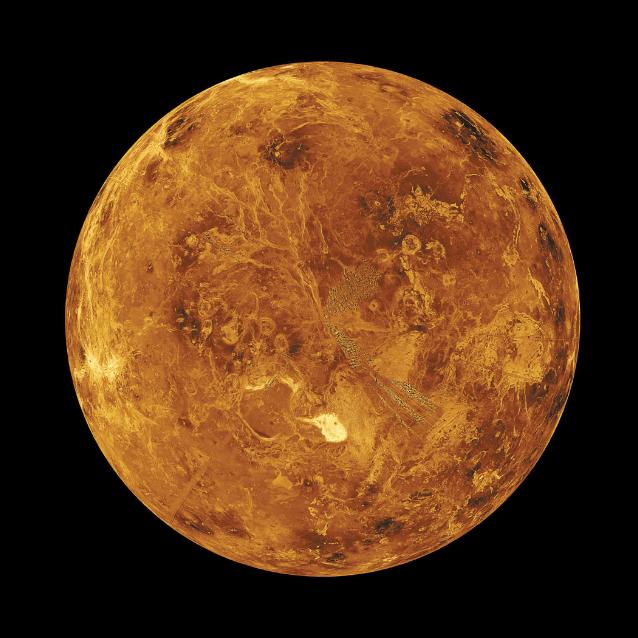 Globalny widok północnej półkuli Wenus, uzyskany za pomocą radaru umieszczonego na wysłanym przez NASA orbiterze Magellan, który w latach 1990–1994 przebijał się przez zasłonę wirujących chmur.