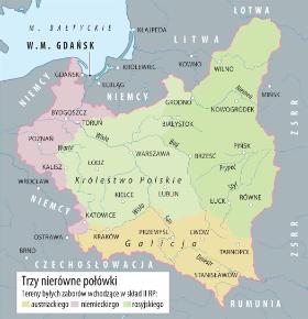 Do 1938 r. Polska liczyła 388,6 tys. km, z czego 11 proc. wcześniej należało do zaboru pruskiego, 20 proc. do austriackiego i 69 proc. do rosyjskiego. Po pakcie z 28 września 1939 r. Niemcy zabrali 188,7 tys. km II RP (48,4 proc.) , z czego 0,7 tys. km przekazali Słowacji, natomiast ZSRR wziął 201,0 tys. km (51,6 proc.), z których 8,3 tys. km przekazał Litwie.