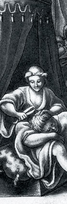 Dalila Obcinająca włosy Samsonowi - litografia biblijna z XVI w.