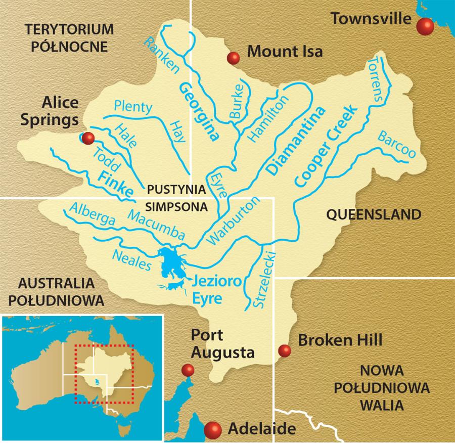 Sieć rzeczna kotliny jeziora Eyre – wielkiego basenu geologicznego, który stopniowo osiada. Ze względu na suchy klimat większość rzek, w tym Finke River, płynie dziś epizodycznie, po wielkich ulewach. Zwykle ich koryta są puste.