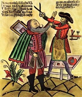 Strzyżenie bojarów przez Piotra I; popularny drzeworyt z epoki