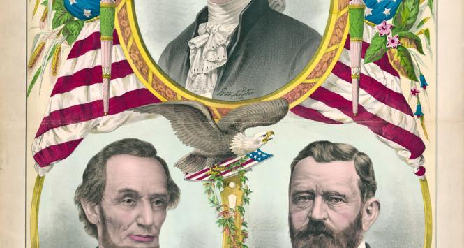 „Bohaterowie naszego kraju” (podobizny prezydentów: Washingtona, Lincolna i Granta); pocztówka z ok. 1880 r.