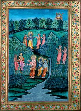 W środku obrazu – trójca hinduskich bogów: Brahma (po lewej, czterolicy), Wisznu (niebieskoskóry) i Śiwa, z którego włosów wypływa Ganges.
