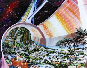 Dyson uważa, że kolonizacja kosmosu przez ludzi jest możliwa i kiedyś z pewnościa do niej dojdzie. Szkic projektu pozaziemskiego osiedla.
