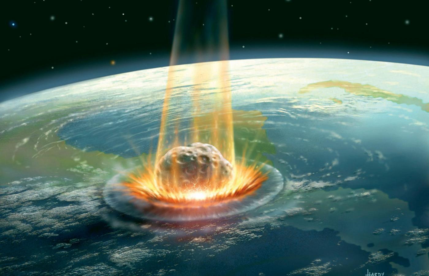 Uderzenie meteorytu w półwysep Jukatan 65 mln lat temu (wizja artystyczna).