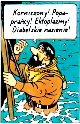 Kapitan Baryłka w kadrze komiksu  „Skarb Szkarłatnego Rackhama” (wyd. Egmont, przeł. Marek Puszczewicz).