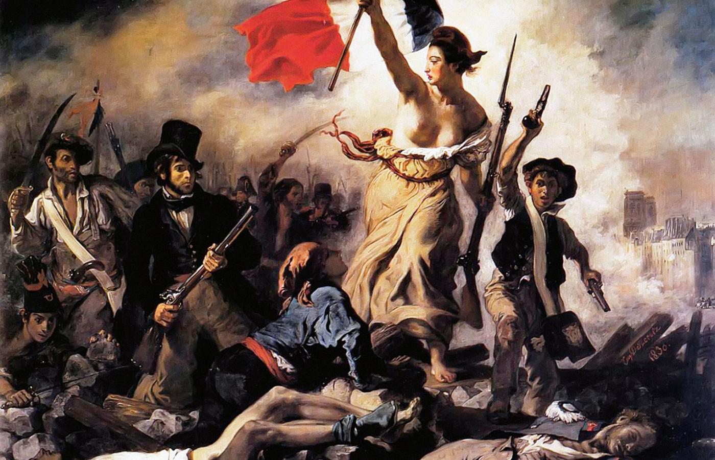 Eugène Delacroix, „Wolność wiodąca lud na barykady”, rewolucja lipcowa 1830 r. na gorąco zalegoryzowana przez mistrza romantyzmu.