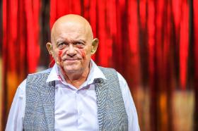 Adam Ferency, w dobrze skrojonym garniturze i z pomalowanymi na złoto uszami, gra starego bon vivanta, cynika i sybarytę.