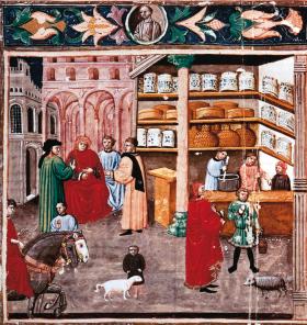 Myśliciel Ibn Sina znany jako Awicenna (siedzi w czerwonej szacie) w swojej aptece – manuskrypt z 1438 r.