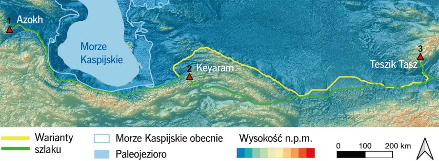 Południowy szlak wędrówek neandertalczyków do Azji Środkowej. Trójkąty – stanowiska ze szczątkami.