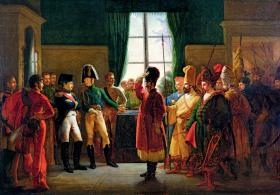 „Car Aleksander I przedstawia Napoleonowi w Tylży Kałmuków, Baszkirów i Kozaków”, obraz z epoki.