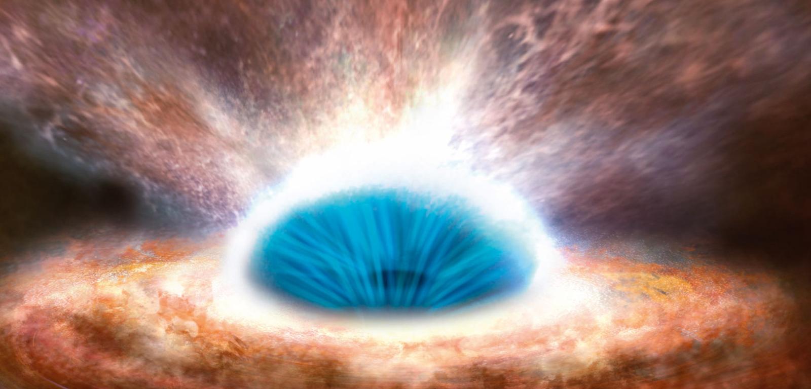 Wizualizacja supermasywnej centralnej czarnej dziury w galaktyce IRAS F11119+3257. Jej badania dowiodły, że te gigantyczne obiekty wyrzucają z macierzystej galaktyki ogromne masy pyłu i gazu w formie dżetów i wiatrów galaktycznych.