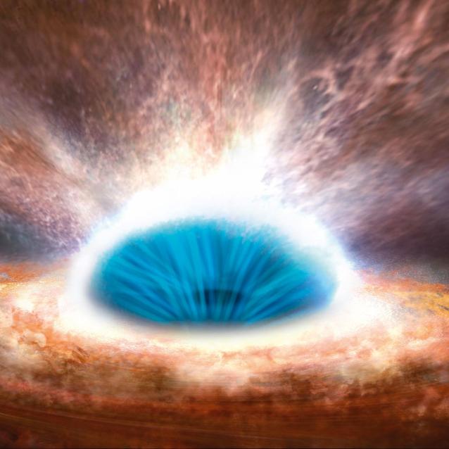 Wizualizacja supermasywnej centralnej czarnej dziury w galaktyce IRAS F11119+3257. Jej badania dowiodły, że te gigantyczne obiekty wyrzucają z macierzystej galaktyki ogromne masy pyłu i gazu w formie dżetów i wiatrów galaktycznych.