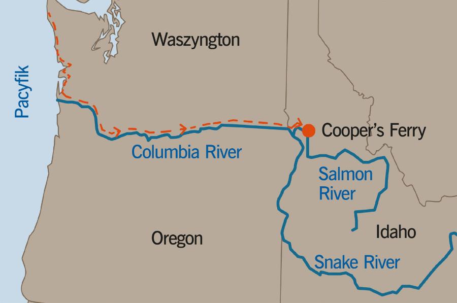 Prawdopodobny szlak (­czerwona przerywana ­linia) migracji pierwszych ludzi, którzy ­założyli obozowisko w Cooper’s Ferry nad Salmon River. Według Lorena Davisa ­przywędrowali oni znad Pacyfiku, poruszając się w górę rzek Columbia i Snake.